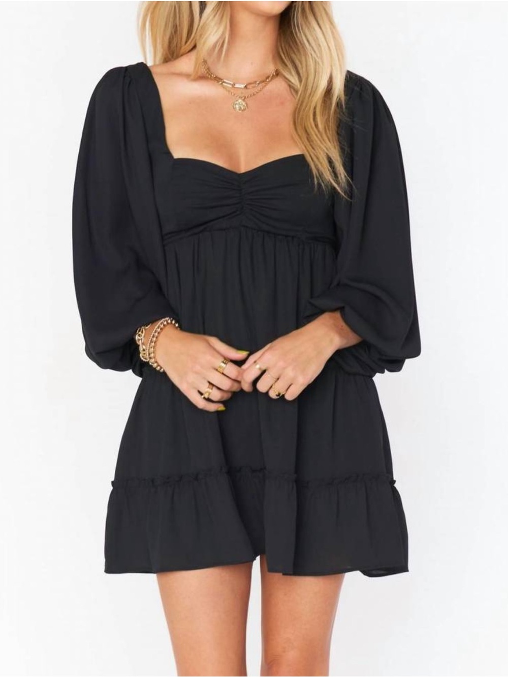 Show Me Your Mumu Mandi Mini Dress Black Puff Sleeve Babydoll Tiered Dress - M - Picture 2 of 11